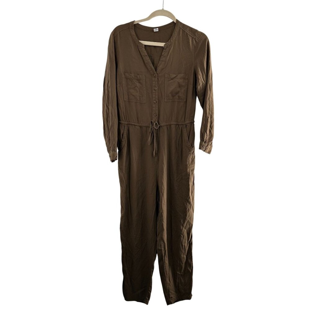 Old Navy Frosted Olive Utility Jumpsuit Pockets M Long Sleeve Drawstring Waist a